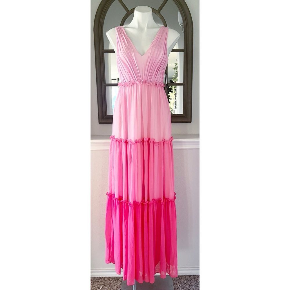 Aidan Mattox V-Neck Ciffon Color-Block Tiered Maxi Gown in Pink, NWT, Size 0 - Picture 4 of 13